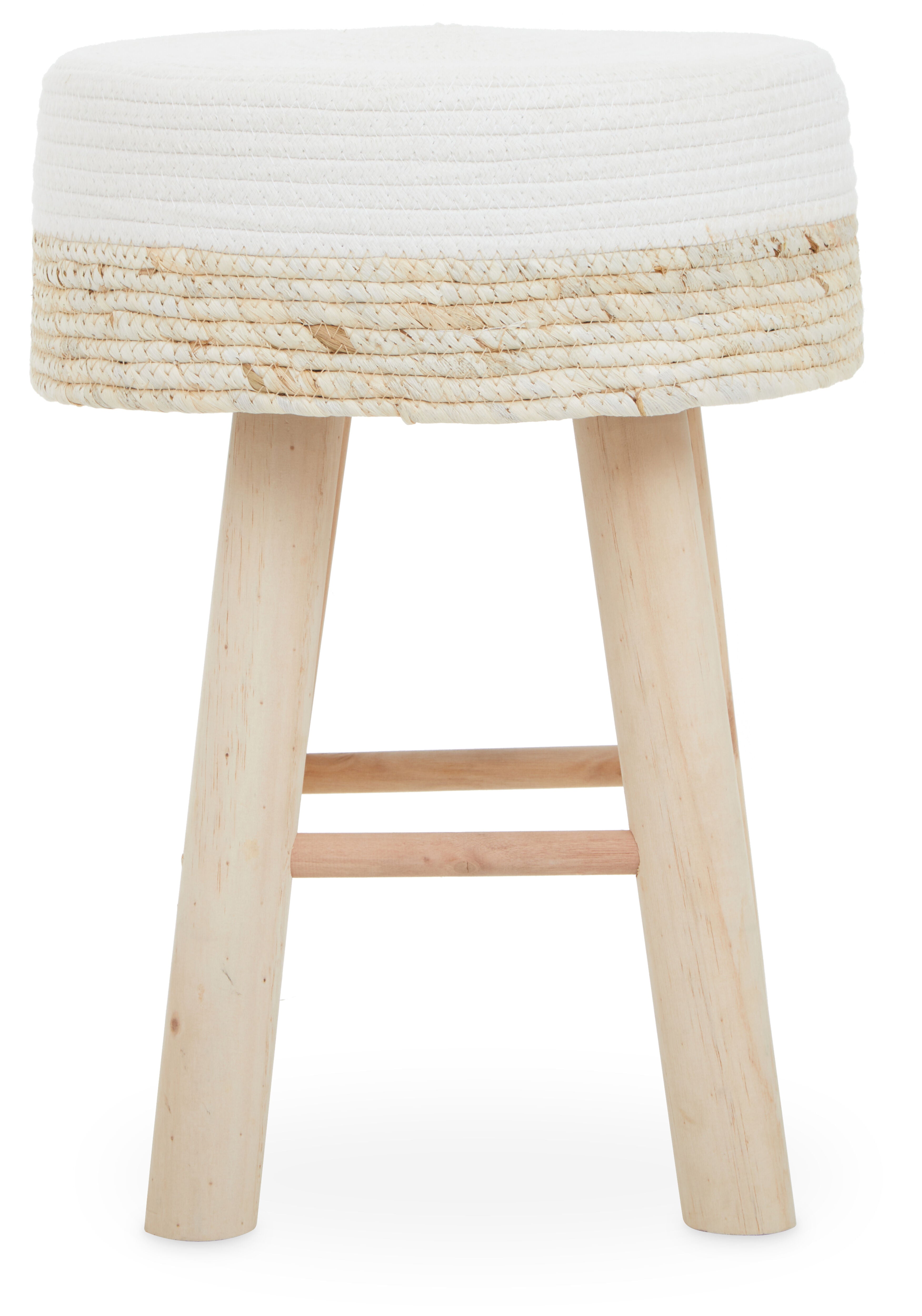 Brigitte Natural Wood & Handwoven White Low Stool